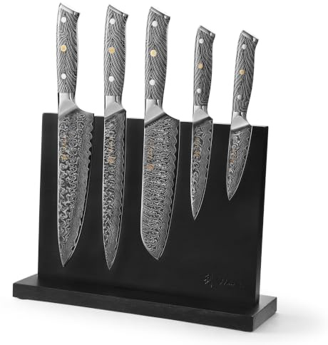 Wakoli NoirBlanc Damast Küchenmesser Set & magnetischer Messerblock | 5-teiliges Damastmesser Set aus 67 Lagen Damaststahl mit VG10-Kern, G10-Griffe, Messerblock mit einseitiger Magnetfläche