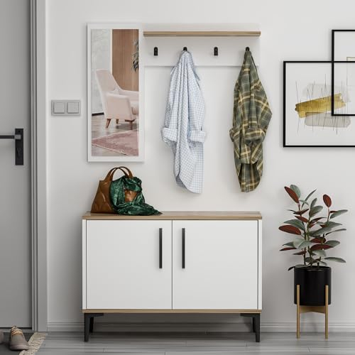Homidea Atlantis Garderobe mit Spiegel - Schuhschrank - Dielenschrank - Flurschrank- Kompaktgarderobe (Weiß/Eiche)