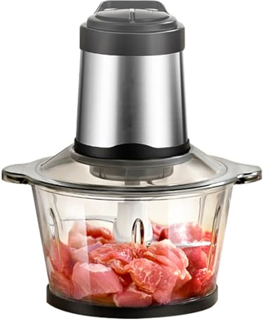 TT-YEC Hachoir Électrique En Acier Inoxydable Avec Bol En Verre De 2 L, Hachoir 300 W En 6 Secondes, Hachoir À Viande Avec Lame, 2 Vitesses Réglables, Adapté À Tous Types De Viandes