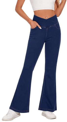 Desol - Vaqueros acampanados para mujer con cintura alta, elásticos, de tiro alto, con control de la barriga, corte de bota y bolsillos, Azul oscuro, Medium
