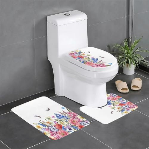 EYLOZS Badezimmerteppich Set 3 Teilig Waschbar rutschfeste Badematte Toilettenmatte Weich Saugfähige Badteppiche,Blume, Vintage-Kranz mit Narzissen, Hyazinthen, Kamillenlilien und Schmetterling