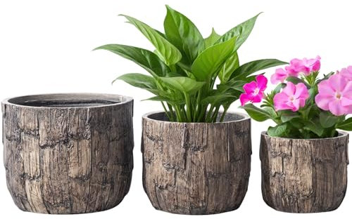 Yundu Beton Pflanzgefäß 3er Set 36,8 & 32,0 & 24,9 cm Pflanztopf Vintage Stil Holzmaserung Beton Pflanzgefäß mit Drainagelöchern, geeignet für Haus, Garten und andere Innen- und Außendekoration