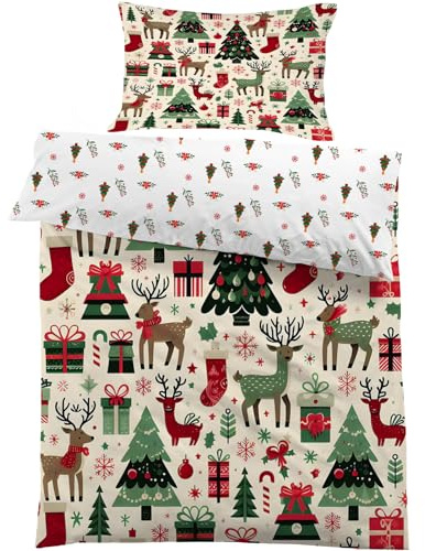 Parure de lit pour Enfant et BéBé Élan Sapin de Noël, Housse de Couette 100x135 cm Bebe Flocons de Neige et Taie d'oreiller 40x60 cm Réversible Ensemble de Literie Linge de Lit pour Tout-Petits