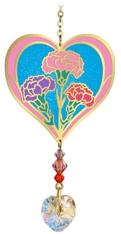 Birthmonth Flower Sun-Catcher Mobile - Stained Glass Effect - Sparkling Crystal Heart Adorned - Embellished with Hand-Crafted Beadwork (January - Carnation)