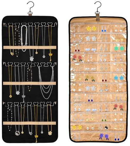 bssmmai Schmuck Organizer Hängend, Schmuckaufbewahrung Hängend Doppelseitige, Halsketten Aufbewahrung mit 48 Taschen und 3 Metallhaken, Ketten Organizer Kann an Kleiderschrank, Schmuckhalter Wand