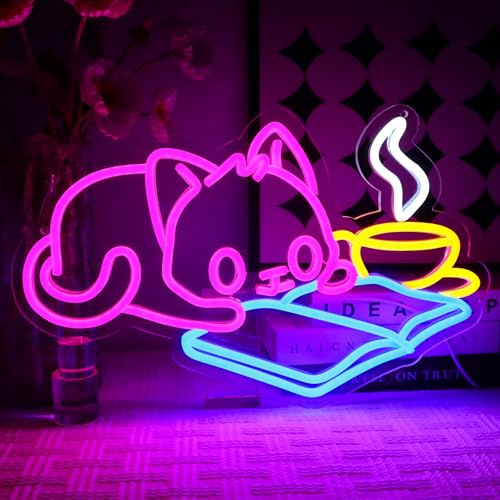 OYCGZV Lesende Katze Neon Schild Niedliches Tier Led Neonschild Wand Cat Neon Sign USB Led Schild für Kaffee Bar Resturant Schlafzimmer Klassenzimmer Leseecke Buchclub Party Deko