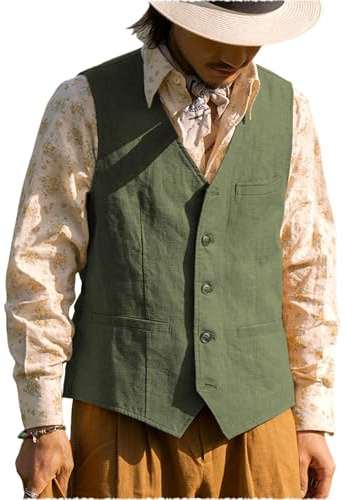 Garqia Clyon Vintage Men's Linen Lightweight Vest Casual Cotton Linen Blend Classic Design Groomsmen Waistcoat Summer (Army Green,XL)