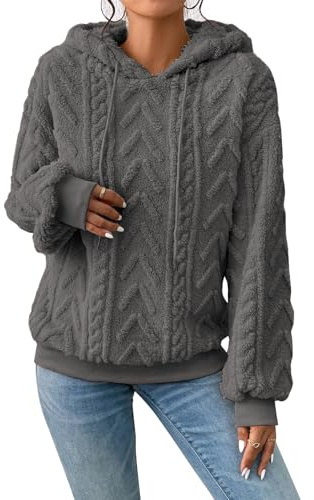 Zetieny Damhuvtröja fleece ledig lös långärmad kappa vinter överdimensionerad varm fluffig dragkedja toppar sweatshirt pullover, Mörkgrått, S