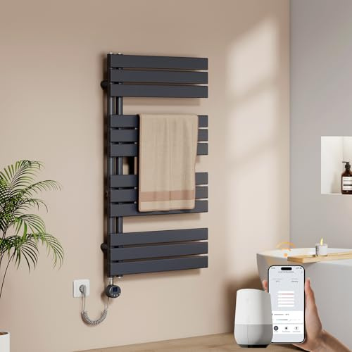 EMKE WiFi Handtuchheizkörper Elektrisch 1041x600 mm - Flach Badheizkörper Elektrisch, Elektrischer Handtuchwärmer Handtuchtrockner Handtuch Heizkörper Bad mit Thermostat und Heizstab - 600W, Anthrazit