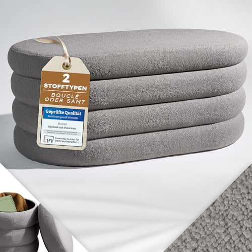 Blumtal Sitzbank mit Stauraum XL oval, Bouclé-Bezug - robuste Truhenbank mit Stauraum & Bouclé-Stoff-Bezug extra weich 110 x 45 x 42.5 cm - Polsterbank mit Stauraum - Ottoman Grau