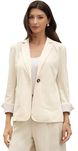 Allegra K Blazers de Lino y Algodón para Mujer Chaqueta de Trabajo Informal de un Botón Traje de Oficina Beige S