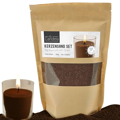 DIY Kerzensand mit 5 Dochte 250gr braun | 14x20x14cm Paraffinwachs | Sandgranulat Kerzenwachs Pulver Wachs Granulat für Gläser und Dekogefäße (braun)