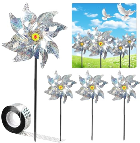 Lot de 4 moulins à vent pour balcon - Répulsif anti-oiseaux réfléchissant - Avec 1 bande anti-oiseaux - Répulsif contre les oiseaux - Pour protéger les balcons, les jardins, les cours, les vergers