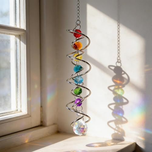 Touosy Atrapasoles Cristal con Doble Espiral, Atrapasol Suncatcher Colgante Campana de Viento Decorativa con Siete Perlas de Chakra y Bola de Cristal para Ventana Jardín Boda 45 CM