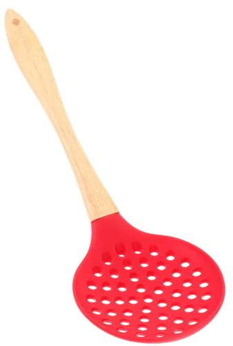 Kichvoe Espumadera de Silicona Roja Mango de Madera Ergonómico, Colador de Aceite Orificios Finos para Escurrir Alimentos, Utensilio Resistente al Calor Adecuado para Estilo Aleatorio