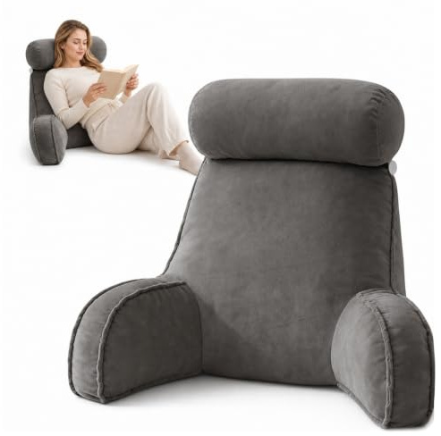 MeYxuxg Extra Großes Lesekissen für Bett und Sofa, 75x55CM rückenstützkissen Sofa mit Abnehmbarer Nackenrolle und Armen,Ergonomisches Sitzkissen mit Rückenlehne zum Fernsehen,Lesen, Spielen(Grau)
