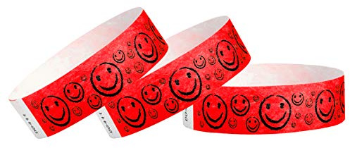WristCo Neonrött smiley-ansikte 3/4 tum Tyvek-armband – 500-pack pappersarmband för evenemang