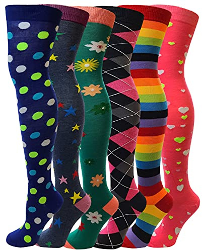 SUMONA 6 Pairs Pack Women Multi Neon Color Fancy Design Thigh High Over the Knee Socks Stockings (6 Pairs Assorted)