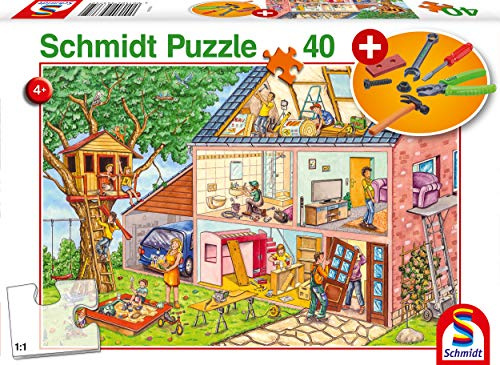 Schmidt Spiele 56375 Die fleißigen Handwerker, 40 Teile Kinderpuzzle, mit Werkzeug-Set, bunt