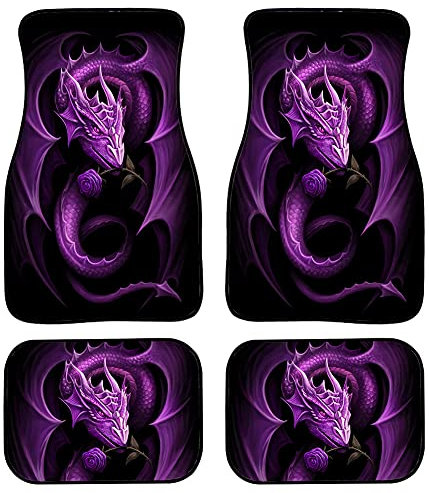 Biyejit Tapis de sol pour voiture en caoutchouc résistants pour femmes et hommes - Motif de dragon violet - Protection toutes saisons - Ensemble de 4 pièces - Ajustement universel pour SUV, camion et