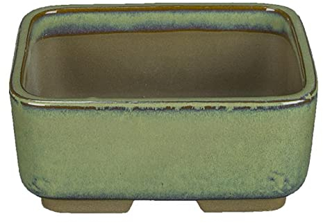 Rechteckige japanische Bonsaischale Morrisan aus hellgrün glasiertem Steinzeug 11x8,5x4,5 cm - B03-3-4E
