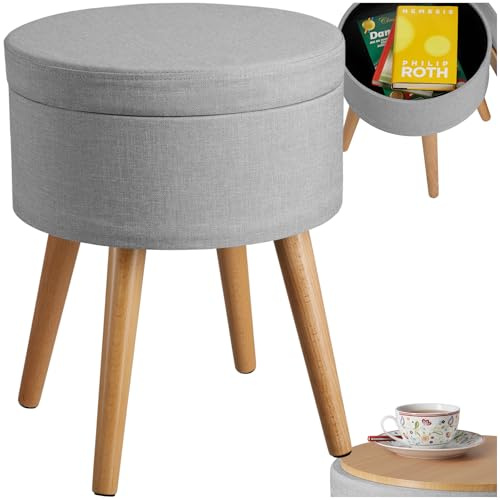 tectake® Hocker mit Stauraum, Sitzhocker mit Stauraum, Aufbewahrungsbox mit Deckel, Fußhocker, Hocker rund, Hocker Holz Beine, als Sitzbank Flur, im Wohnzimmer oder Schlafzimmer - hellgrau