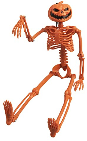 Songjum Kürbiskopf Skelett mit Beweglichen Gelenken Halloween Skelett Deko für Halloween-Party-Deko Gruselige Party-Requisiten Partyzubehör