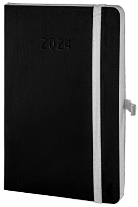 Chronoplan 50964 Buchkalender Kalendarium 2024 (Terminplaner A6 (95x140mm) mit Softcover, Wochenplaner, 1 Woche auf 2 Seiten, mit flexibler Stiftschlaufe, Einmerkband, Gummiverschluss) schwarz