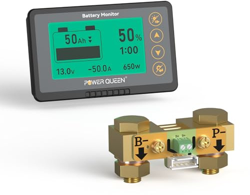 power queen 500A Battery Monitor with Shunt | Programmable Alarm | 8V-120V Voltage Range | LCD Display | 20ft Shielded Wire | Compatible with 12V Lithium, LiFePO4, Gel, Flooded Batteries