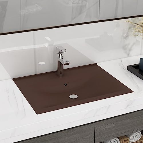 HIGSOSE Lavabo con Foro Rubinetto 60x46cm Ceramica Lavabo Sottopiano Lavabo da Incasso Bagno Lavabo Bagno Sospeso Mobile Sospeso Bagno Lavatoio Ceramica Marrone Scuro Opaco Lavandino Bagno