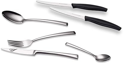 ECHTWERK Avelino - Cubertería (16 piezas, acero inoxidable 18/10, acabado brillante, incluye 2 cuchillos para panecillos, práctico cuchillo de desayuno de acero inoxidable con borde ondulado, color