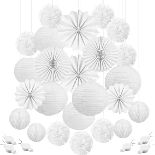Rossesay 30 Pcs White Wedding Party Decorations Hanging White Paper Lantern Fans Honeycomb Balls Hanging Tissue Pom Poms Flowers with LED Lights for Bridal Shower Engagement Wedding