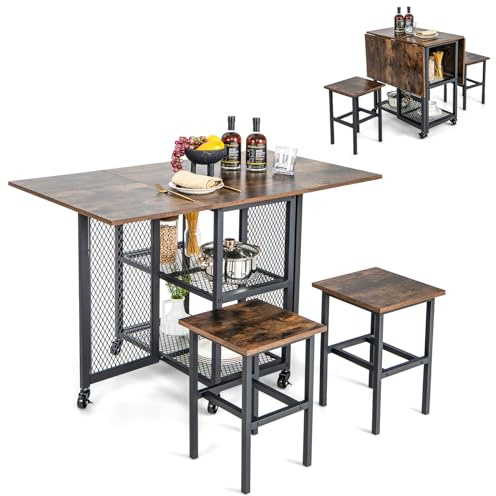 COSTWAY Set Tavolo da Pranzo Pieghevole 3 Pezzi, Tavolo da Pranzo Estendibile con 2 Sgabelli, con Ruote Bloccabili, 2 Ripiani di Archiviazione a Rete, Set da Pranzo per Soggiorno, Sala da pranzo