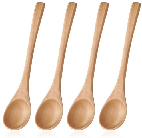 cobee Lot de 4 petites cuillères en bois à long manche - Cuillères à soupe - Ustensiles de cuisine - Cuillère à mélanger - Cuillère en bois - Pour la maison, la cuisine, le restaurant (Hemu)