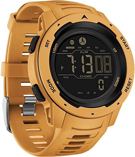 Step Counter Fitness Tracker Watches for Men, Men's Digital Sports Yellow Watch IP68 Waterproof with Pedometer Calorie Dual Time Countdown Stopwatch, Tactical Military Outdoor Survival Hiking, Yellow,