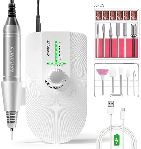 NAILGIRLS Cordless Electric Nail Files, T18 Professional Rechargeable Nail Drill 35000 RPM, Portable E File Kit for Acrylic Gel Nails Manicure Salon Home, White