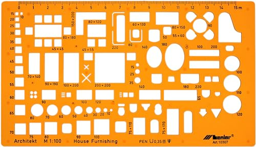 Architektur Schablone 1:100 - Schablone Sanitär 1:100 - Möbel Zeichenschablone Innenarchitektur - Technische Zeichenschablone - Architektur Schablonen für Technisches Zeichnen - Sanitär Symbole