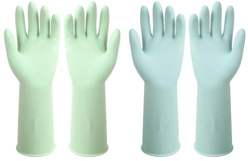 Diskhandskar återanvändbara gummihandskar kökshandskar 2 par färgglada rengöringshandskar för att diska och rengöringsuppgifter flexibla långvariga och halkfria (ljusblå och ljusgrön, medium)
