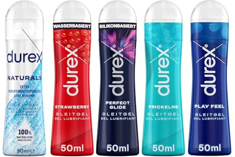 Durex Play Gleitgel Ausprobierpaket | Naturals Feuchtigkeitsspendend & Perfect Glide & Strawberry & Prickelnd & Play Feel (5 x 50ml)