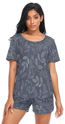 HMZXZ Damen Schlafanzug-Set Blumen Foliate Sommer Pyjama Woman Set,Blume Loungewear und Shorts Lounge Set Sleepwear Nachtwäsche