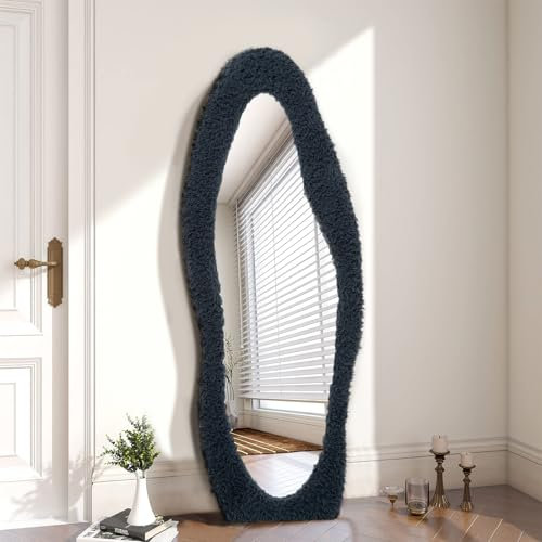 YOSHOOT Specchio a forma di onda, grande specchio da pavimento, con cornice in legno avvolta in flanella, grande da appendere o appoggiare (capelli di leone-grigio)