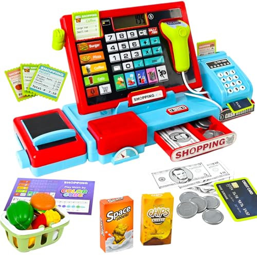 Joellfuner Elektronische Spielzeug Kasse mit Rechnerfunktion, Registrierkasse Supermarktkasse Spielzeug mit Inkl Scanner/Kreditkarte/Spielgeld/Förderer/POS-Terminal, Geschenk für Kinder ab 3 Jahre
