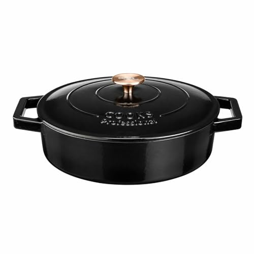 Cooks Professional 28cm Cast Iron Shallow Casserole Dish 4.3L with Lid & Handles | Colourful Modern Enamelled Cooking Pan Pot | Suitable For All Hobs Inc Induction | Oven & Grill Safe | Matt Black