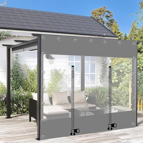Wasserdichter transparenter grauer Outdoor-Planen-Vorhang mit Reißverschluss-Tür, 0,5 mm dicke Ösen, für Gartenpavillon, Terrasse, wetterfest und langlebig
