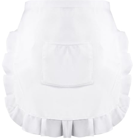 JIYIN Weiße Taillenschürze, Schürze Damen mit Rüschen, Verstellbare Kochschürze mit Tasche, Halbe Schürze für Küche, Kochen, Reinigen, Malen, Bistro, Restaurant (Weiß)