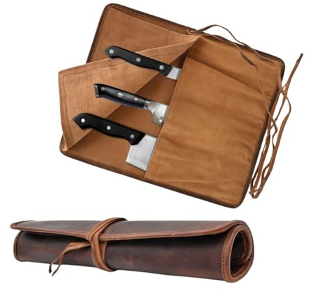 Autentico Leather Genuine Buffalo Leather Small Knife Case Holder Chef's Knife Roll Holder Cutlery Sheath Carrying Case Organizer Storage Bag Travel Friendly Artist Gift for Men & Women Teak