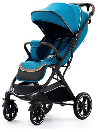 GloKid Baby Kinderwagen, von Geburt bis 20 kg, Zusammenklappen mit einer Hand, federleichter, kompakter Buggy, 5-Punkt-Sicherheitsgurt,4 Räder gedämpft, Moskitonetz, Fußdecke, Korb (blau)