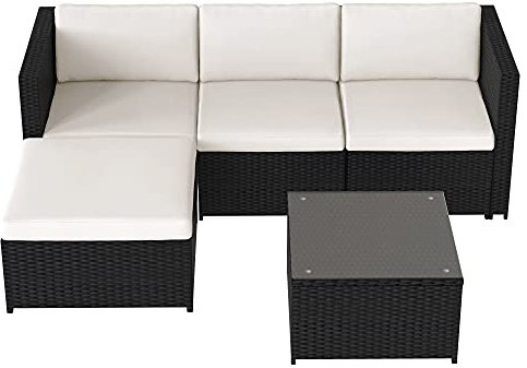 infirack Polyrattan loungesoffa, loungeträdgårdsmöbler, hörnsoffa, soffset med sitt- och ryggkudde, loungebord med glasplatta, svart
