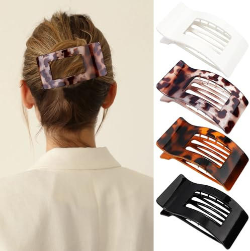Velscrun Flat Hair Clips for Women Girls, Matte Lay Flat Claw Clips, Strong Hold Large Side Hair Clip All Hair Types, French Duck Billed Hair Jaw Claw Clip, Non Slip Grip for Daily Styling Tortoise