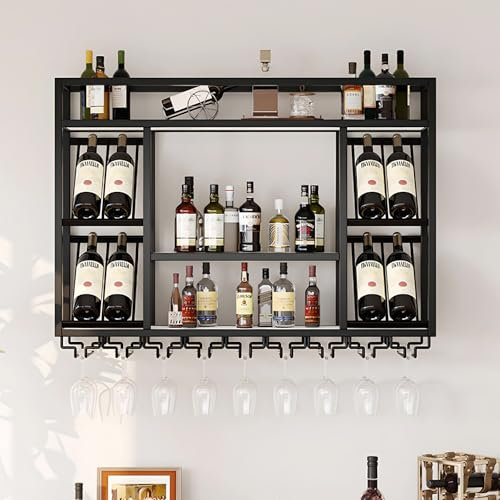 amhricho Wandweinregal Metall, Industrielles Wandmontierte Weinregal mit Glashalter, Schwebendes Regal für Bareinheiten, für Zuhause, Restaurant, Bar (Black, 80 * 25 * 70CM)